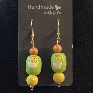 Handmade Chick Earrings with Green and Yellow Beads